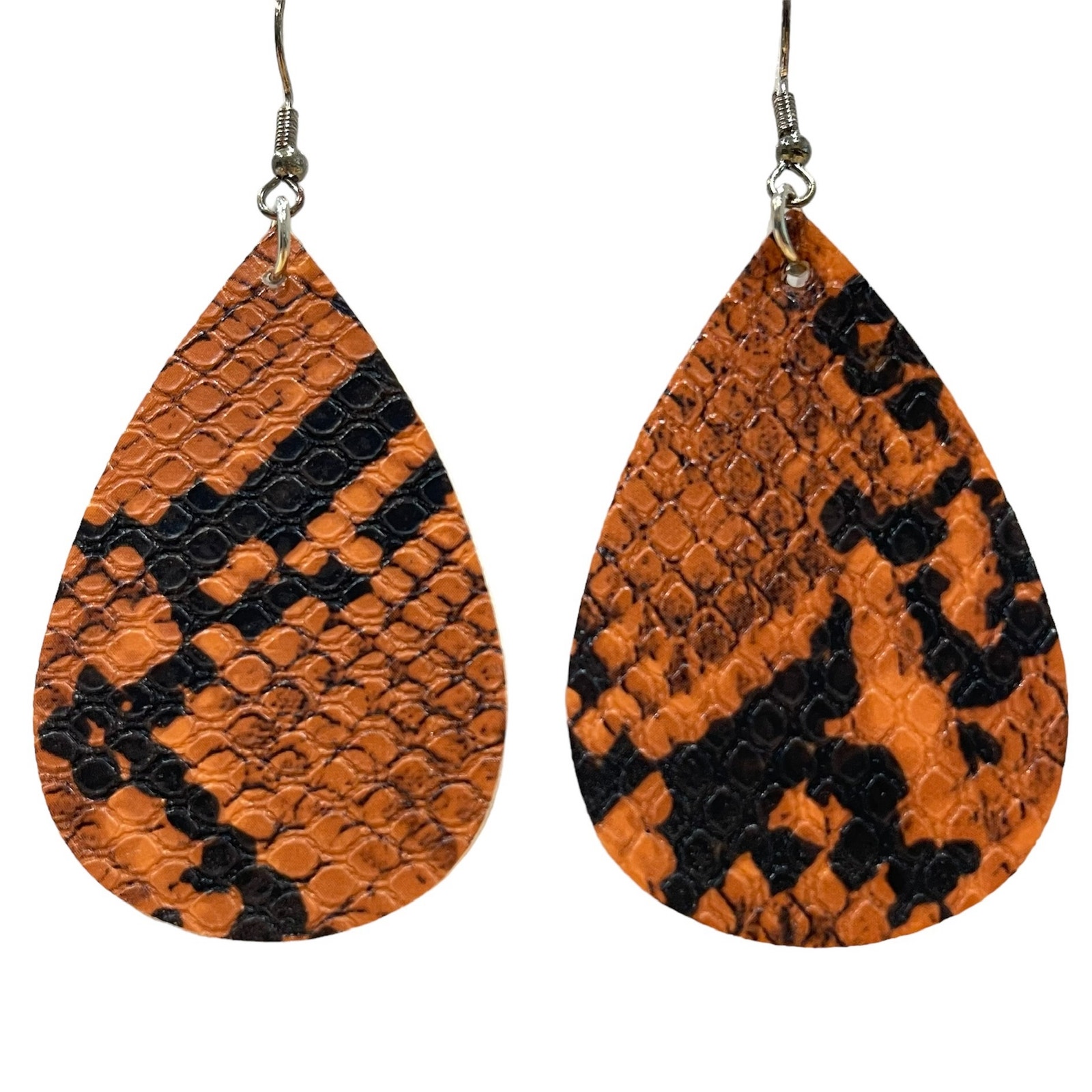 Boutique Lightweight Orange Snake Print Faux Leather Teardrop Dangle Earrings